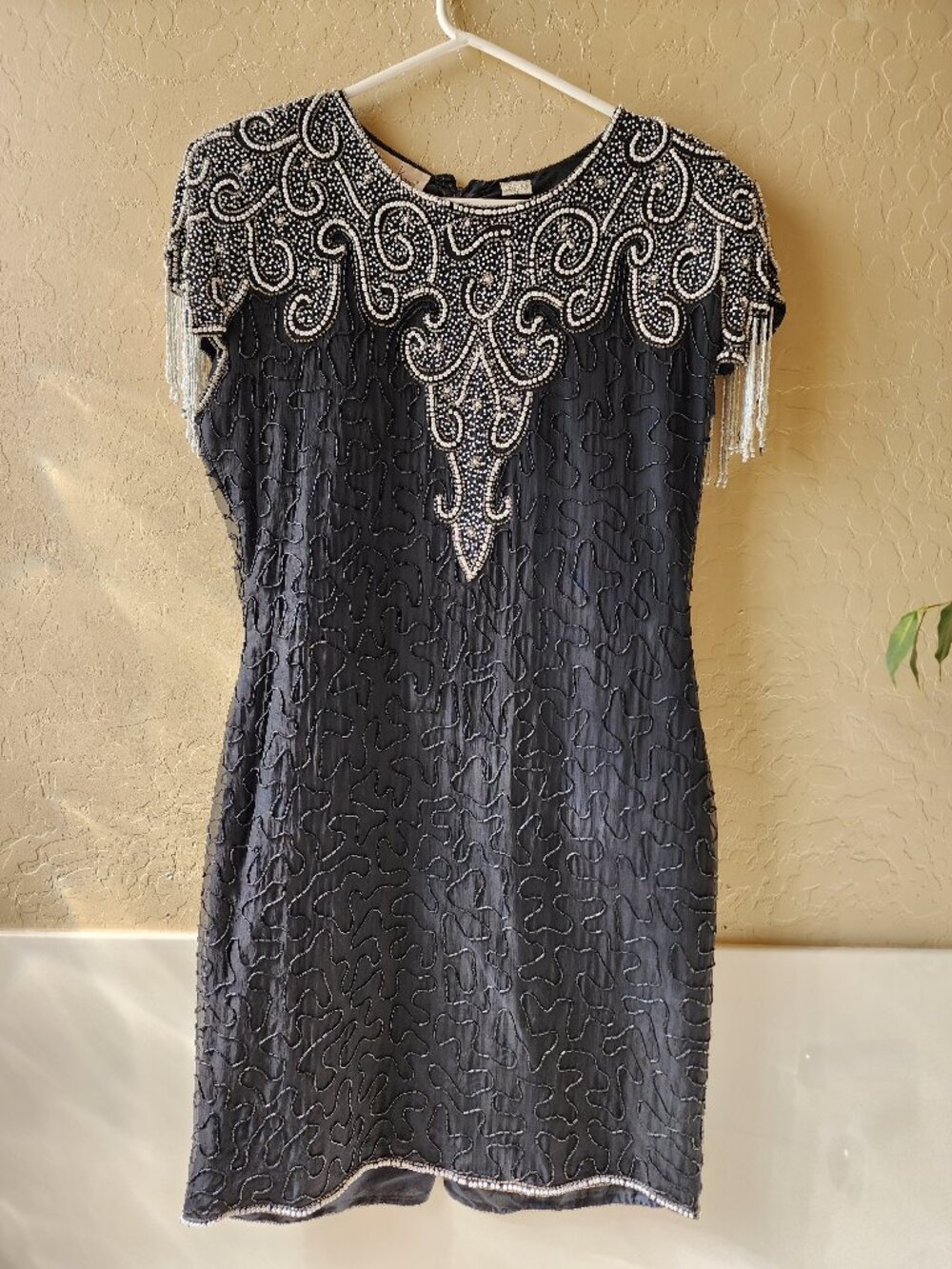 Vintage Laurence Kazar 100% Black Silk Hand Beaded Cocktail Elegant Gown Dress